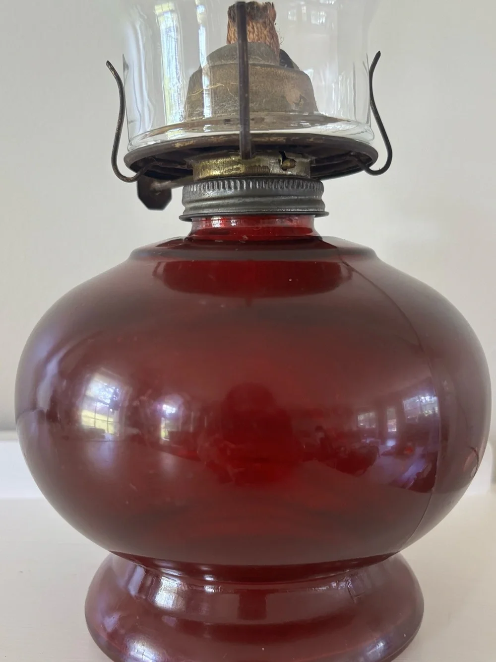 Vintage Red Glass Oil Lamp with Clear Chimney